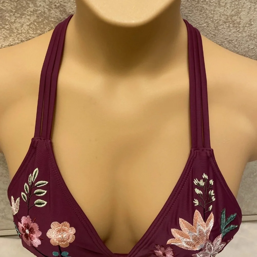 Time and Tru Burgundy Floral Bikini Top